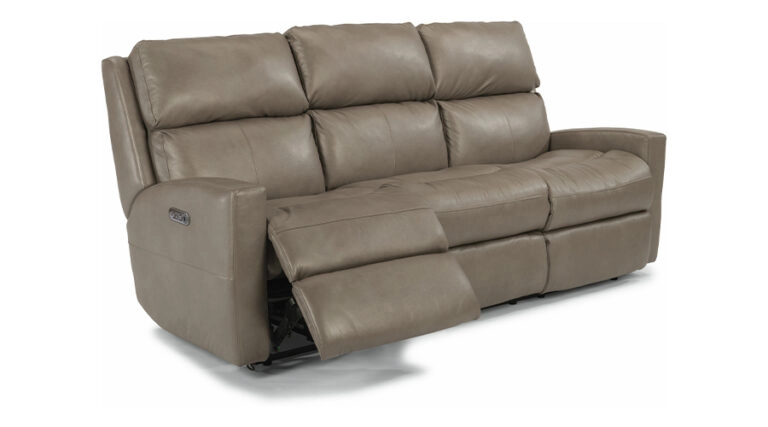 A brown leather reclining sofa with three cushioned seats, one fully reclined. The sofa has a modern design and looks comfortable and inviting.