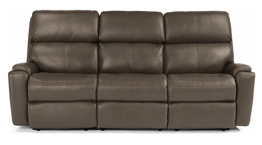 A large, plush brown leather recliner sofa with three seats and padded armrests. The design is modern and conveys comfort and relaxation.