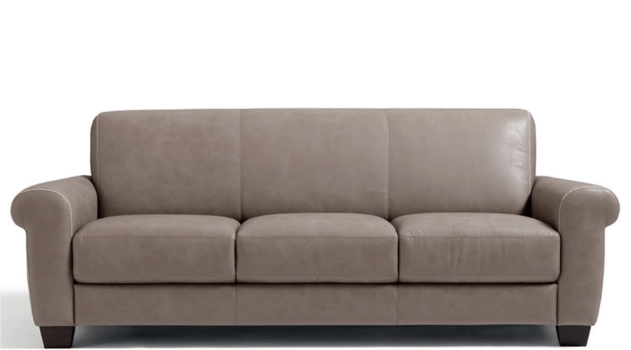 A gray leather sofa with three cushioned seats and rounded armrests, exuding a modern and cozy vibe. Set against a plain white background.