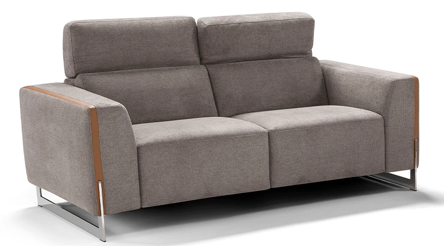 A modern gray fabric sofa with two seats and high backrests. It features sleek metal legs and subtle wooden accents on the armrests, conveying a minimalist aesthetic.