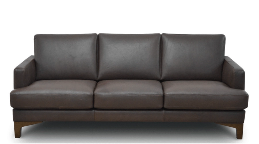 A sleek, modern dark brown leather sofa with three cushions and wooden legs. The clean lines convey a minimalist and sophisticated style.
