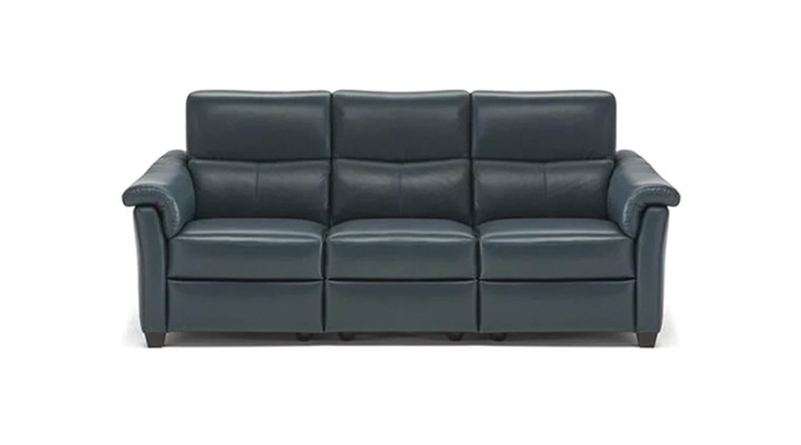 A dark blue leather sofa with three seats, featuring plush cushions and rounded armrests, conveying a modern and comfortable style against a white background.