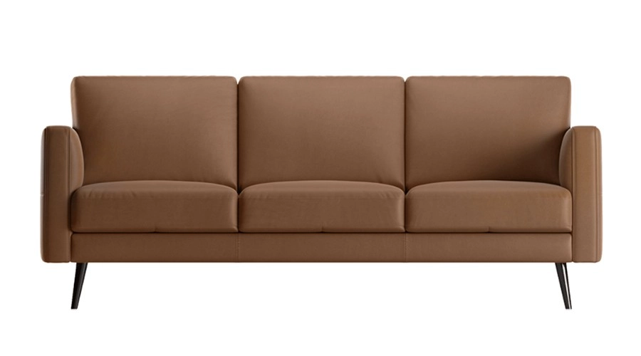 A sleek, modern brown sofa with three cushions and slim black legs on a white background. The design is minimalist and conveys a sense of elegance.