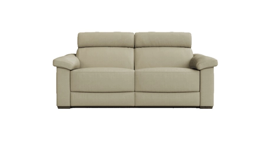 A beige, modern two-seater sofa with plush cushions and padded armrests against a white background. It conveys comfort and simplicity.