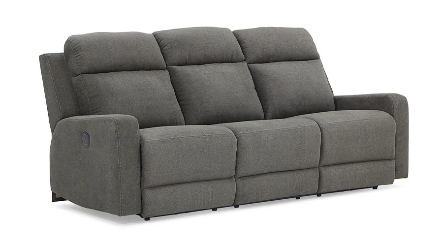 Gray reclining sofa with three plush cushions and padded armrests. The design is modern and simple, suggesting comfort and relaxation.