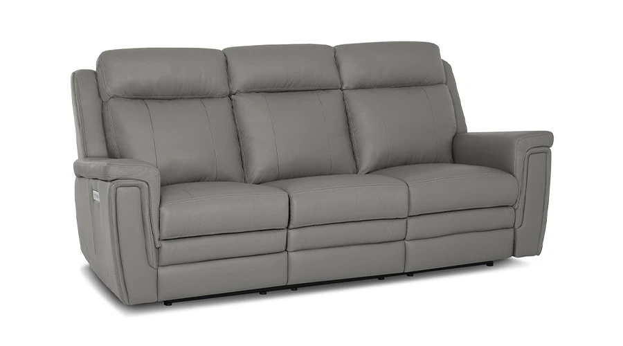 Gray leather reclining sofa with three cushioned seats and tall backrests. It has wide armrests and a modern, comfortable design.