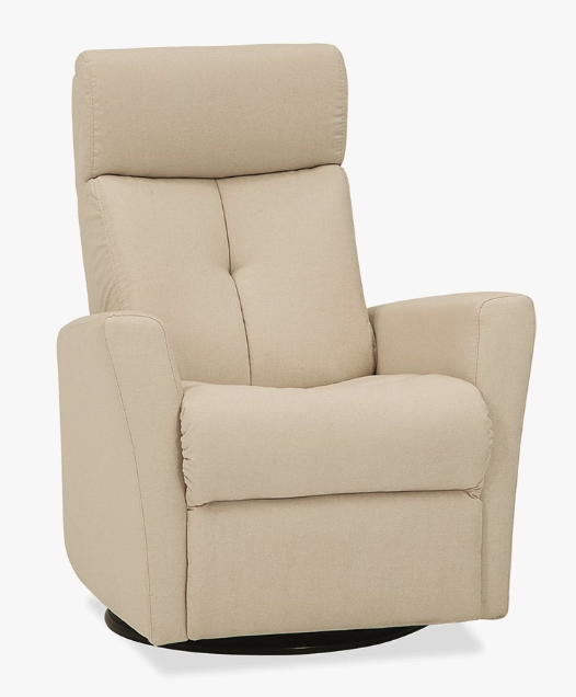 Brown leather recliner chair with cushioned backrest and armrests, on a swivel base. The chair conveys comfort and elegance.